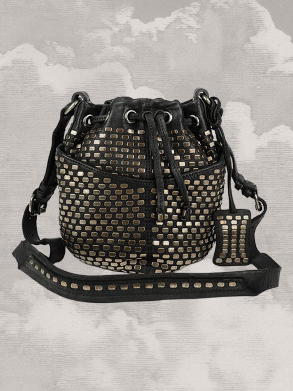 Olivia Harris Black Leather Bucket Bag with Gold Stud Accents